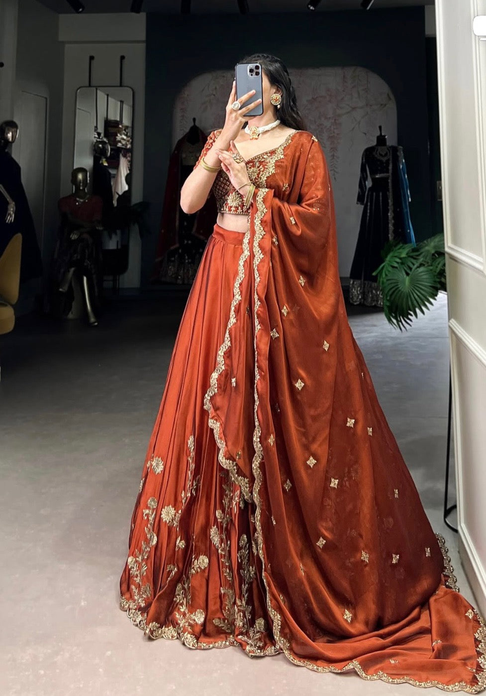 Rust glowing in gold Chaniya Choli