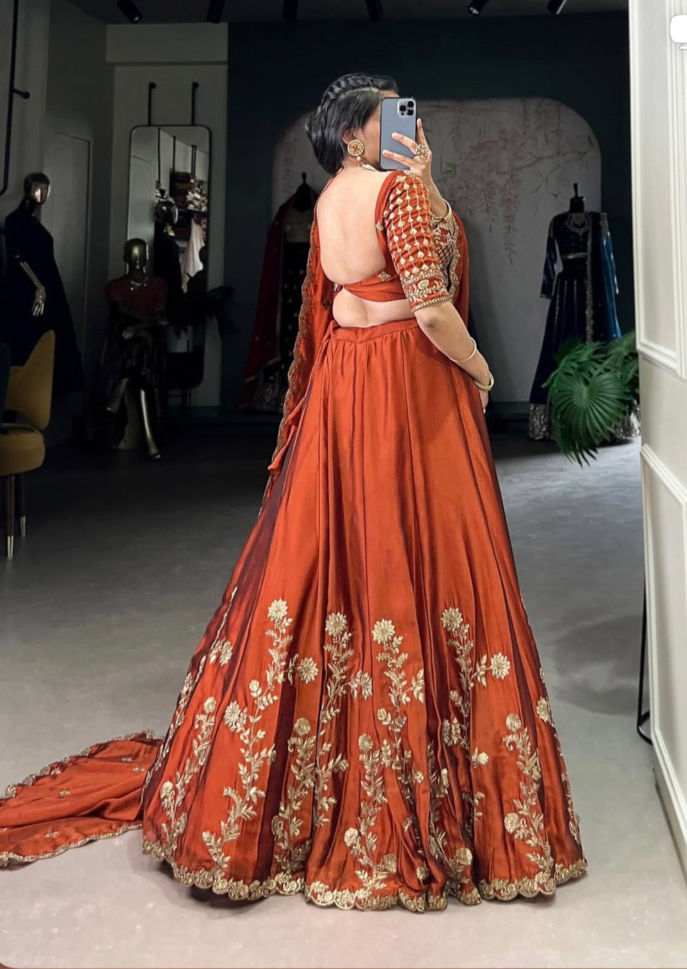 Rust glowing in gold Chaniya Choli